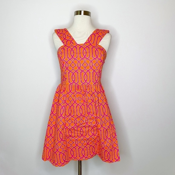 Mud Pie Dress Women Small Charlotte Dress Pink Orange White Geometric Back Tie - Picture 1 of 6